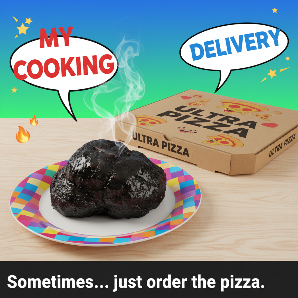 My 'gourmet' dinner turned into a charcoal briquette. Send help (and pizza).