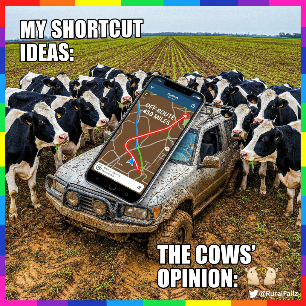 GPS said 'turn left in 500 feet.' We're now in a cow pasture. Thanks, Siri.