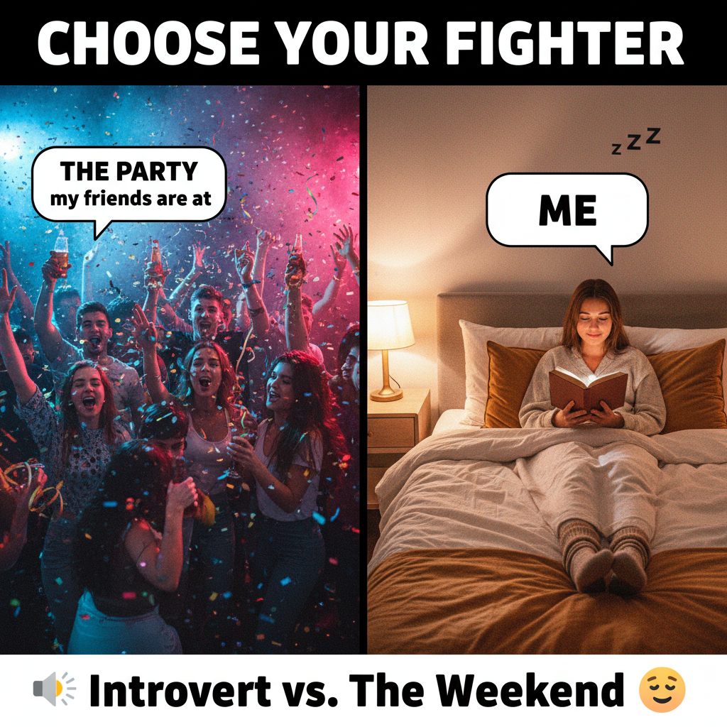 Extrovert: 'Let's go to that huge party!' Introvert: *already in bed, pretending to be asleep*