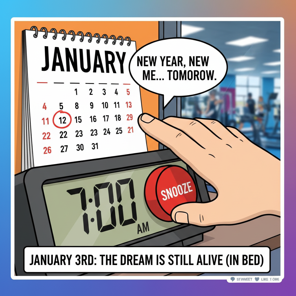 My New Year's resolution was to hit the gym. I hit the snooze button instead. Nailed it.