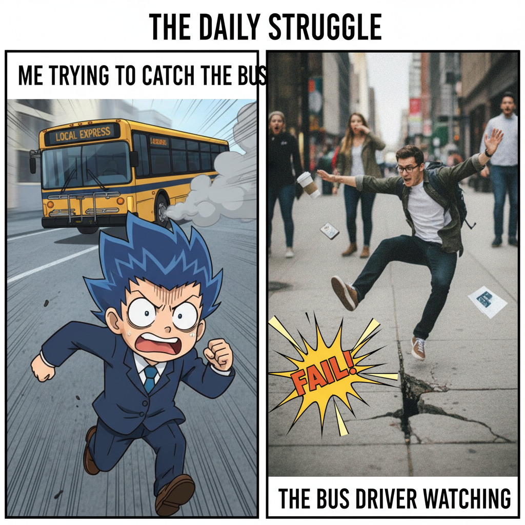 Me trying to use anime logic in real life: *runs dramatically to catch a bus, trips* #AnimeIRL