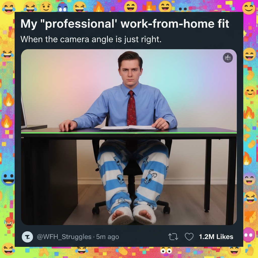 My WFH outfit: Business on top, pajama pants on the bottom. The duality of man.