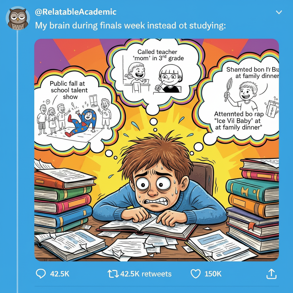 Me trying to study for exams vs. my brain remembering every embarrassing moment from 2007.