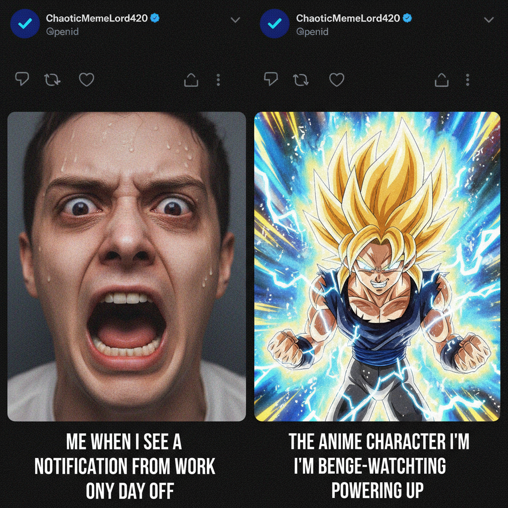 My reaction when my phone battery hits 1% vs. an anime character powering up.