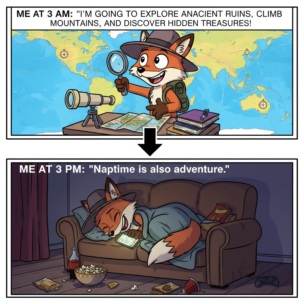 Friday night plans: epic adventure. Friday night reality: asleep by 9 PM with snacks. 😴