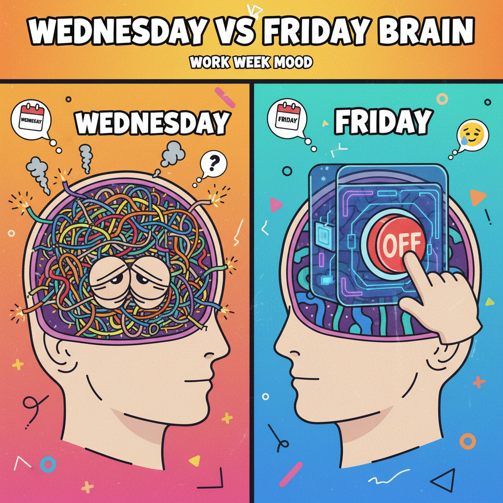 My brain trying to function on Hump Day vs. My brain clocking out on Friday