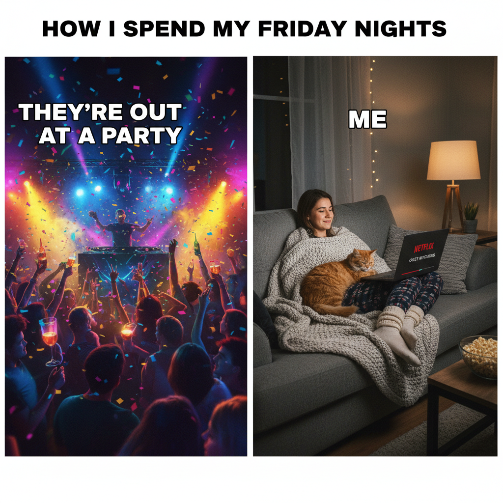 Friday night plans: wild party. Friday night reality: wild party... with my cat and Netflix.