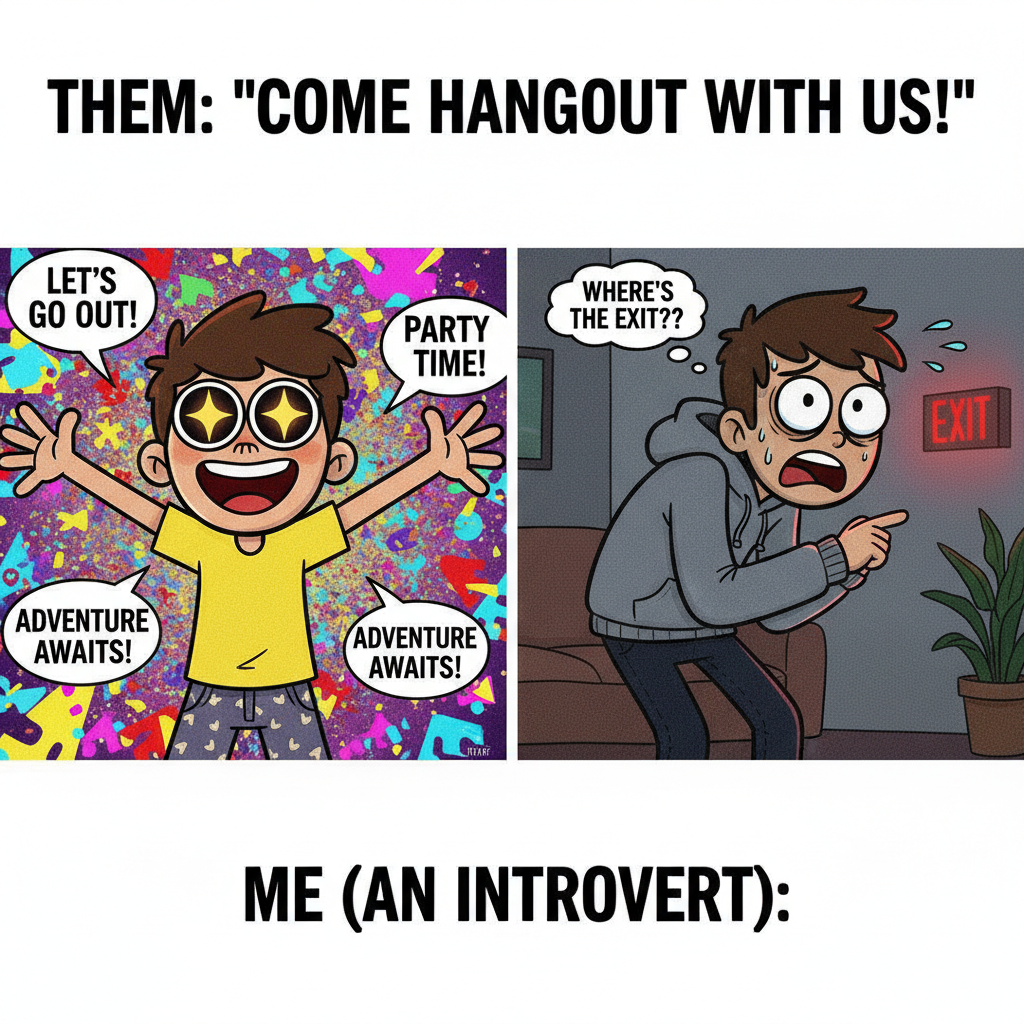 Extrovert: 'Let's go out!' Introvert: *already planning my escape route*.
