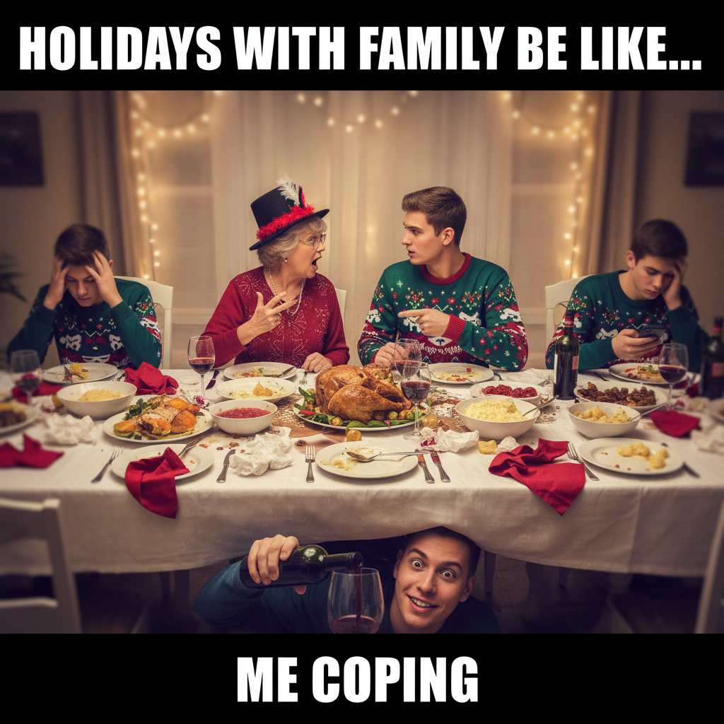 My family dinner is less 'festive feast' and more 'Hunger Games.' Send wine.
