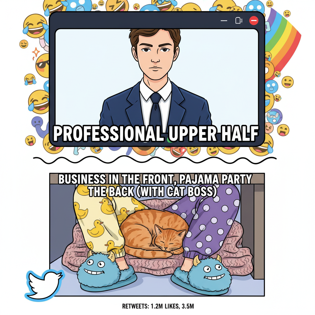 My 'work from home' outfit is 50% professional, 50% pajamas. The camera sees 10%.