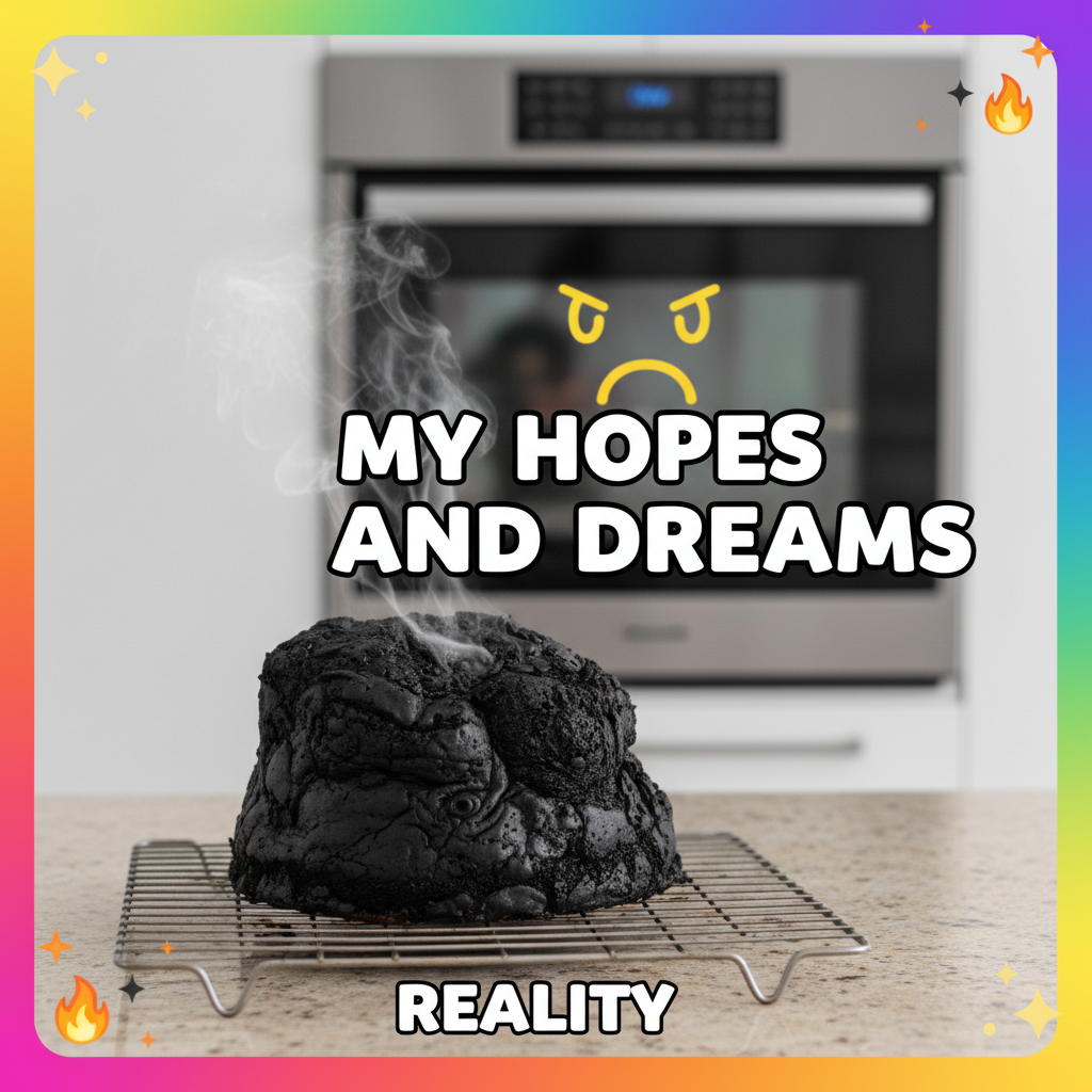 Tried to make a cake, ended up with a charcoal briquette. My oven is judging me.