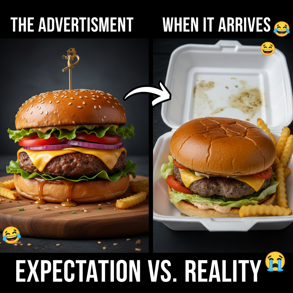 Food delivery expectation: Gourmet feast. Reality: My sad, slightly squashed burger.