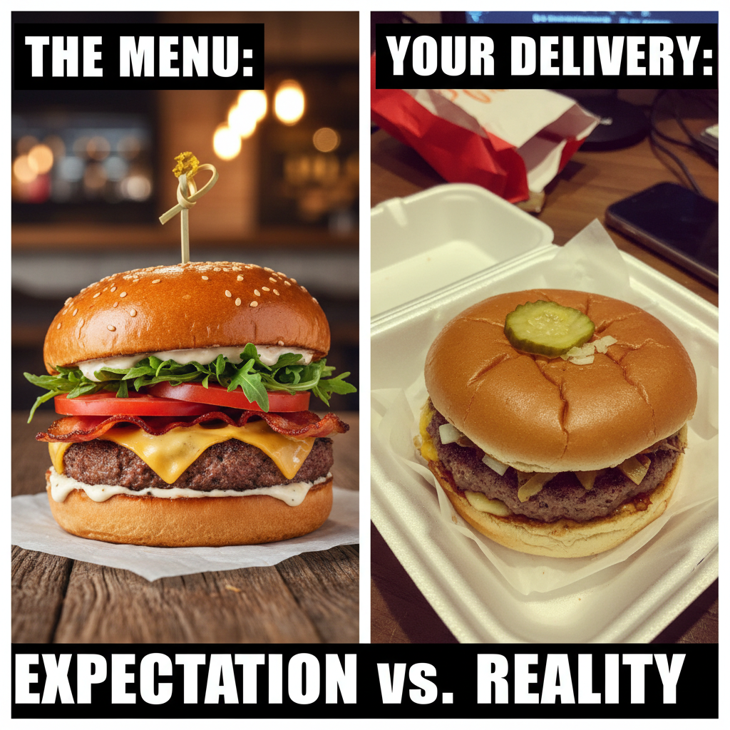 Ordered a gourmet burger, got a sad patty and a single leaf. My disappointment is immeasurable.