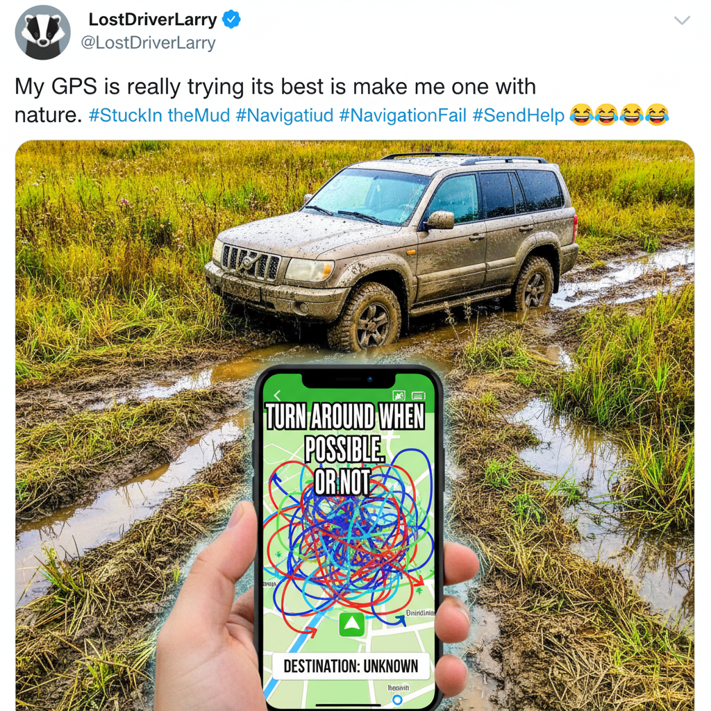 GPS said 'turn left in 0 feet.' Now I'm in a field. Send snacks.