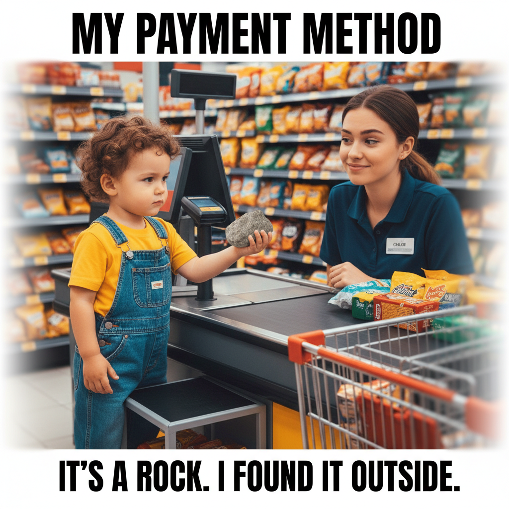 My toddler just tried to pay for groceries with a rock. Send help.