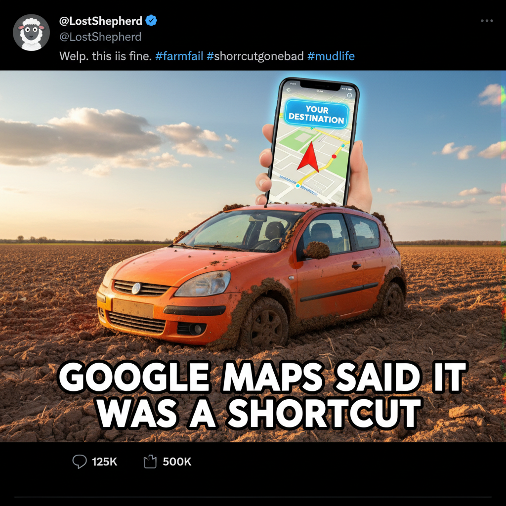 GPS said 'turn left in 500 feet.' I'm now in a farmer's field. Thanks, Siri.