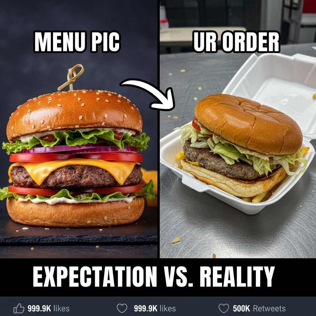 Ordered a gourmet burger. Got something that looks like it lost a fight with a truck.