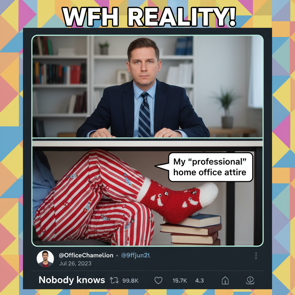 My WFH uniform: Business on top, pajama pants and fuzzy socks on the bottom. Don't tell.