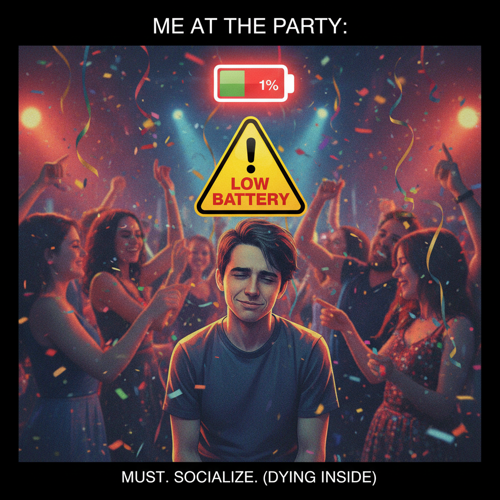 Introvert at a party: 'I've already used up my social battery for the month.'