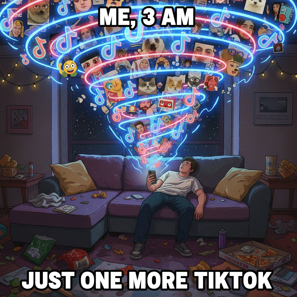 Just spent 3 hours scrolling TikTok. My brain cells are now 90% memes, 10% existential dread.