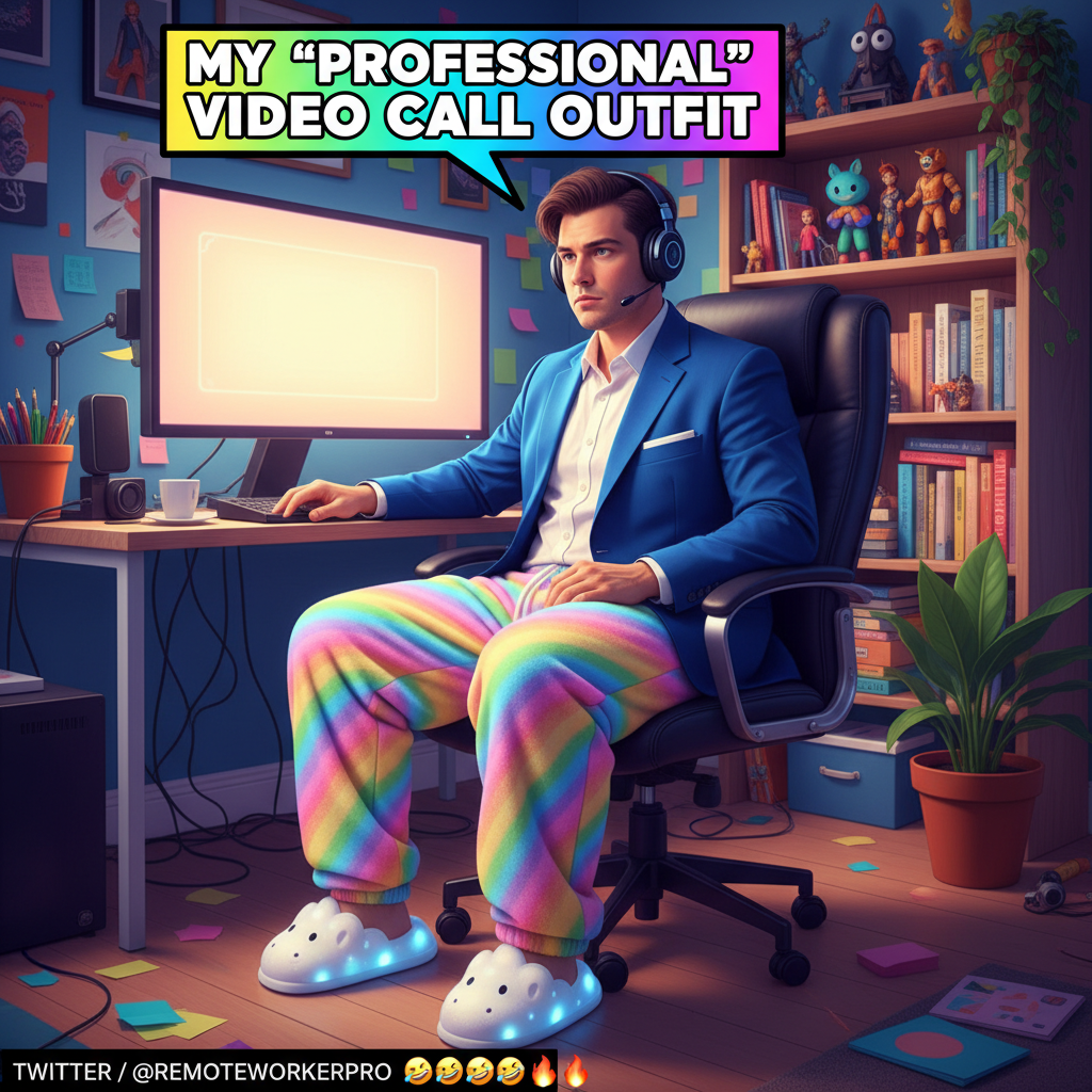 My 'work from home' outfit is 50% professional top, 50% pajama bottoms. The duality of man.