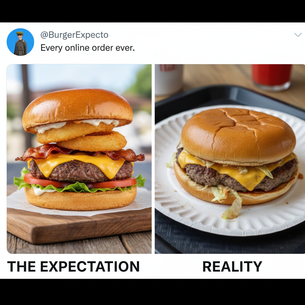 Ordered a gourmet burger. Got a sad patty on a soggy bun. My disappointment is immeasurable.