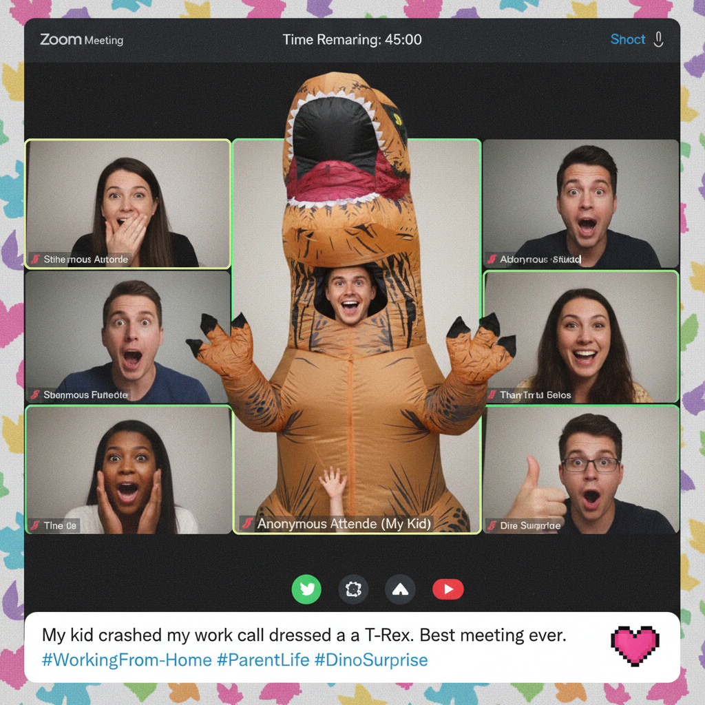 Someone's kid just joined our Zoom meeting dressed as a T-Rex. Best meeting ever.