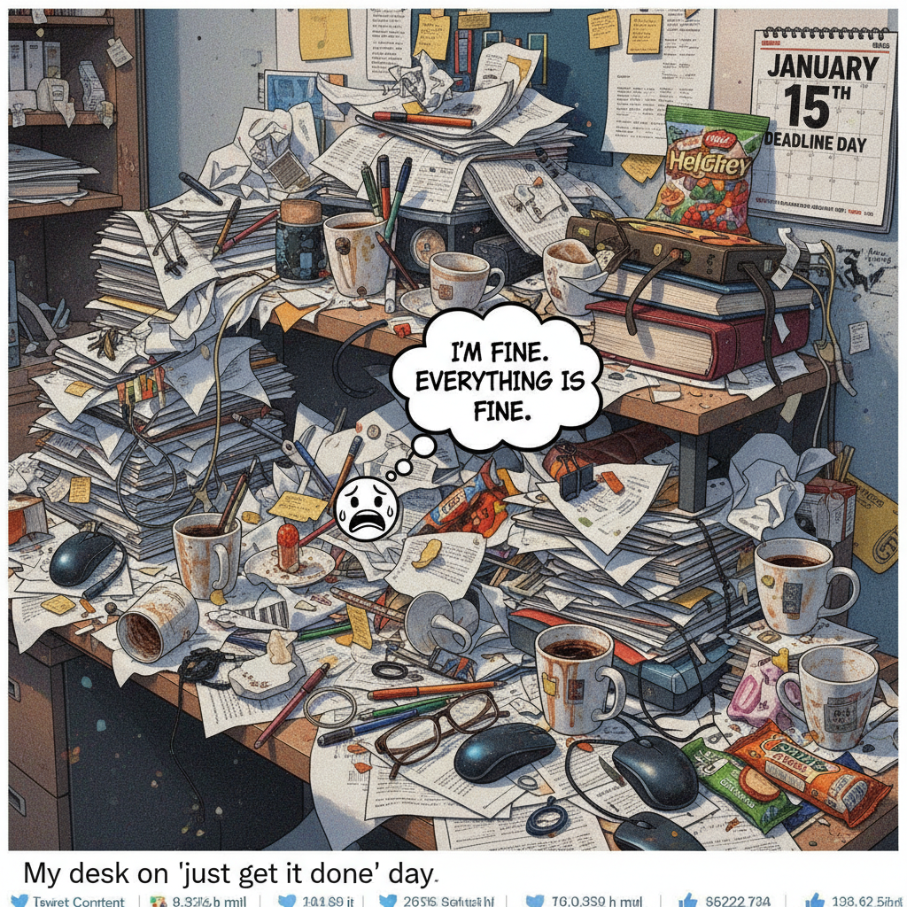 My New Year's Resolution was to be more organized. My desk currently looks like a tornado hit a paper factory.