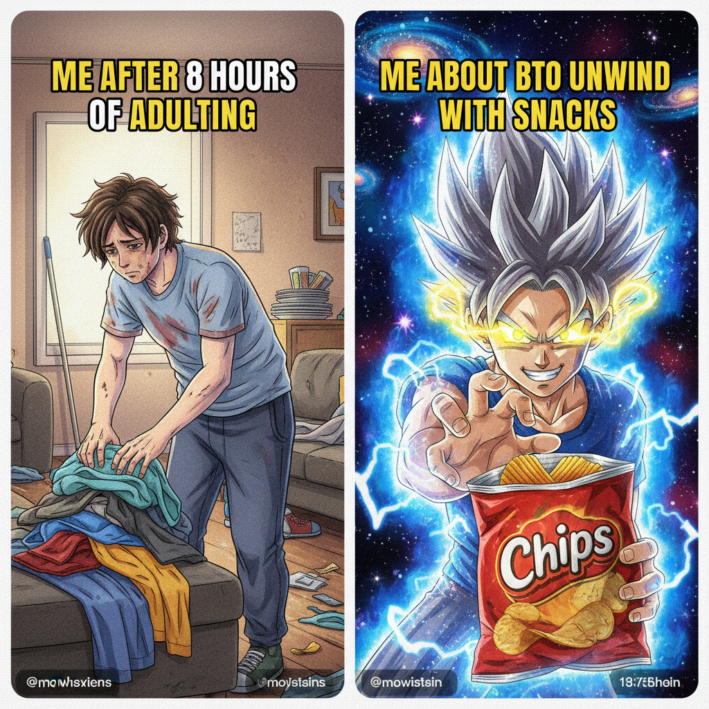 Me trying to adult vs. my inner anime character powering up for a snack.
