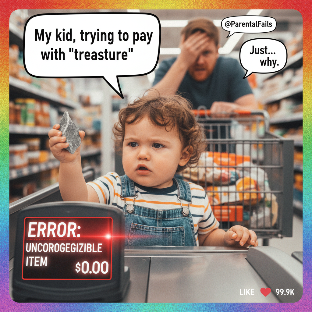 My toddler just tried to pay for groceries with a rock. Send help. #Parenting