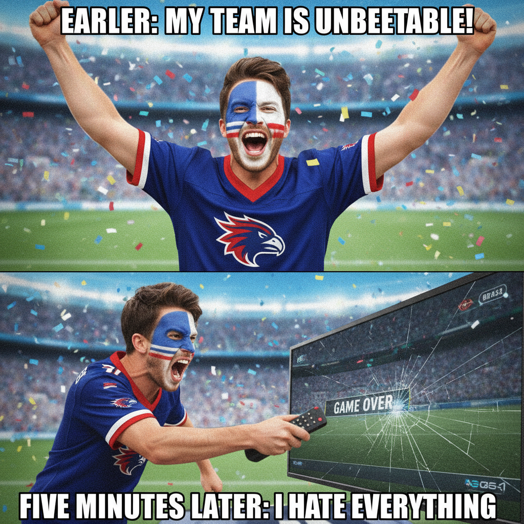 My team scores: 'WE ARE THE CHAMPIONS!' Opponent scores: 'RIGGED! FIRE EVERYONE!' #SportsFans