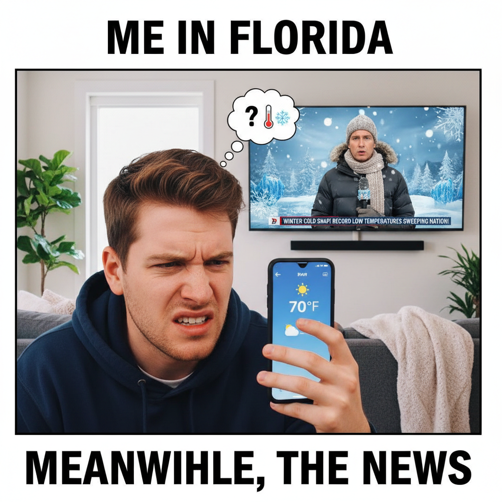 It's 70°F and sunny but the local news is still reporting 'feels like winter' from 2 weeks ago.