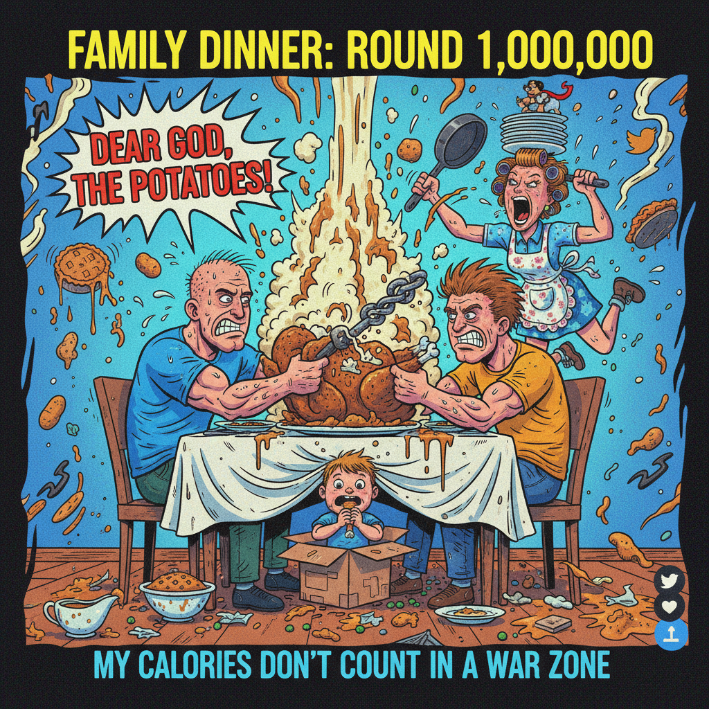 My family dinner turned into a WWE match over who gets the last potato. Send help.