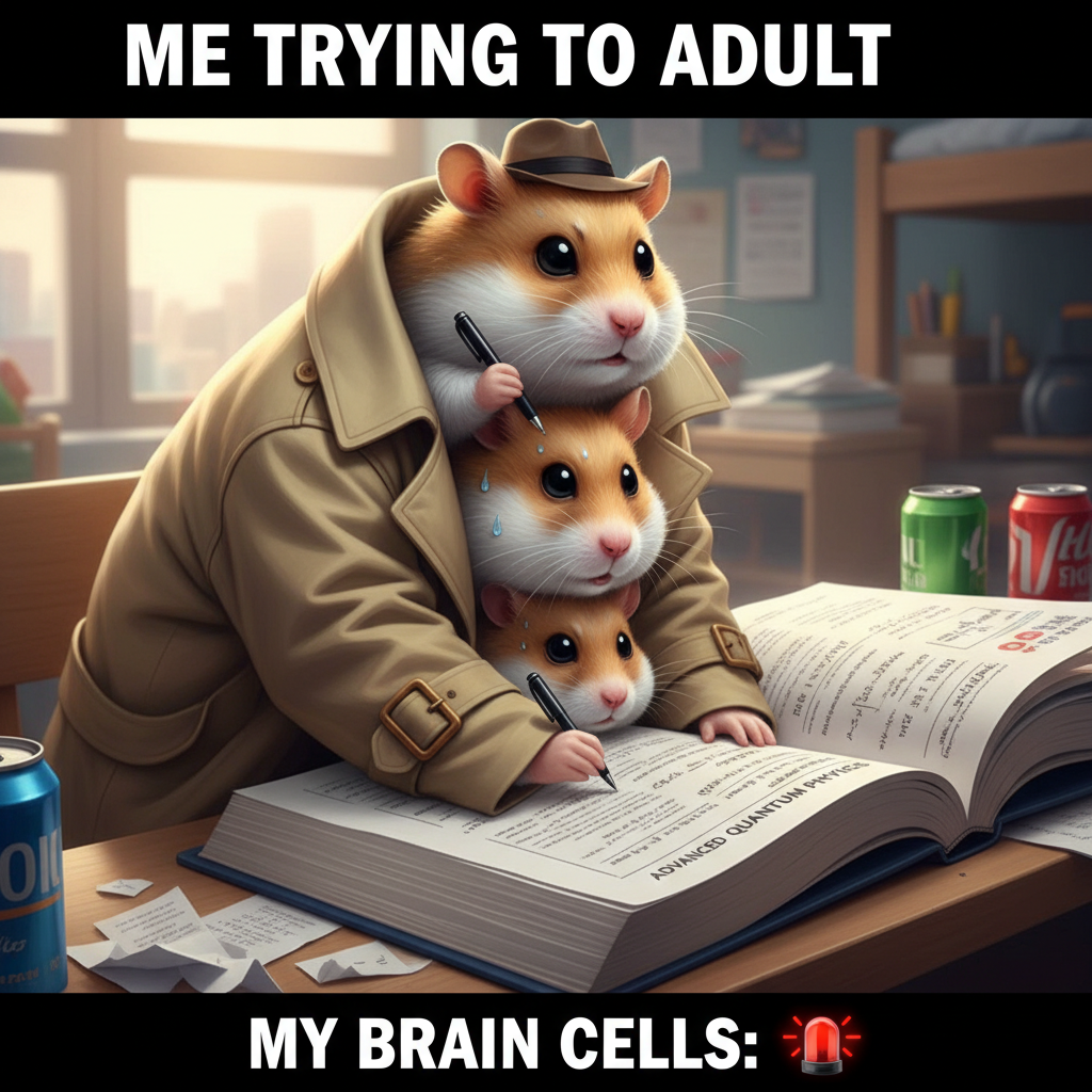 My brain cells during exam season are just 3 hamsters in a trench coat.