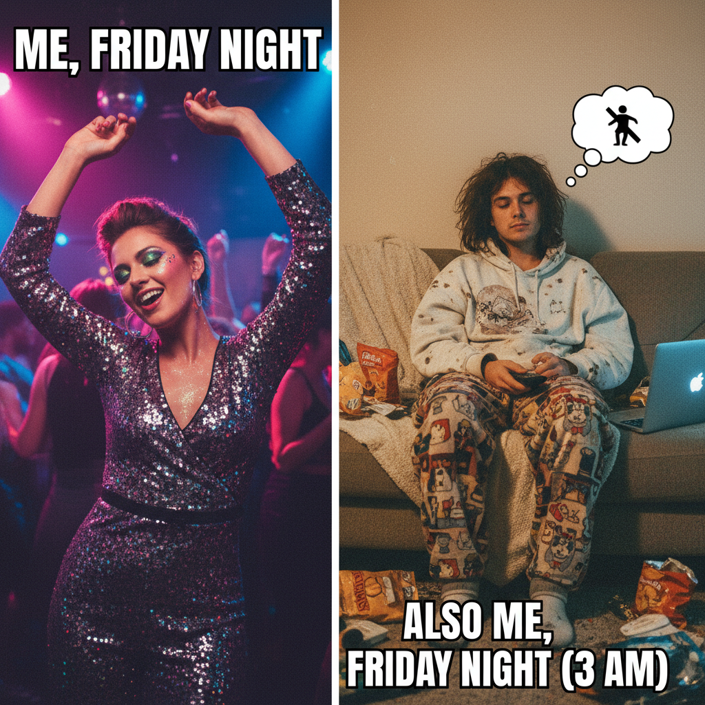 Friday night plans: clubbing. Friday night reality: debating if I should put on real pants.