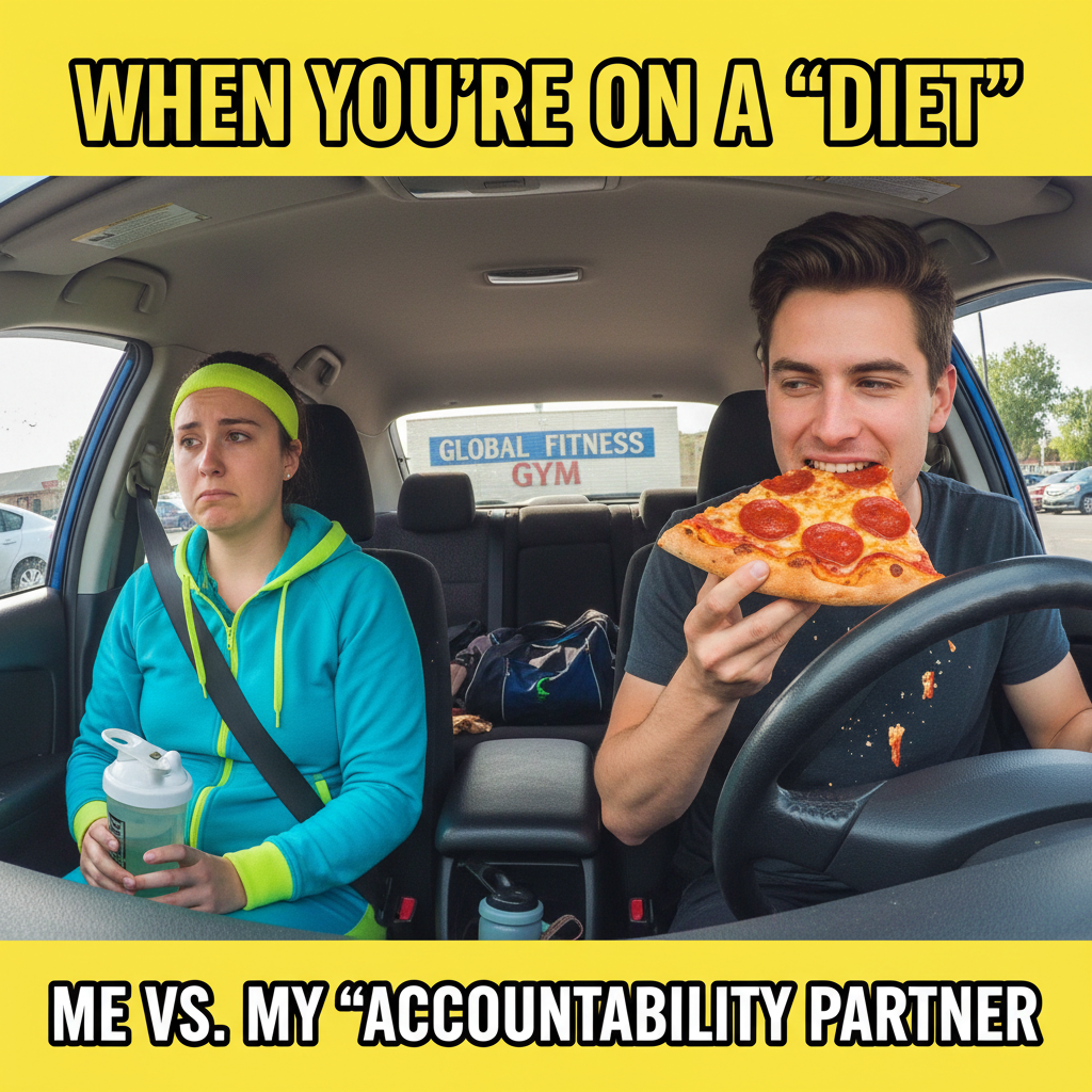 My 'gym buddy' just spotted me eating pizza in the parking lot. We're both pretending it never happened.