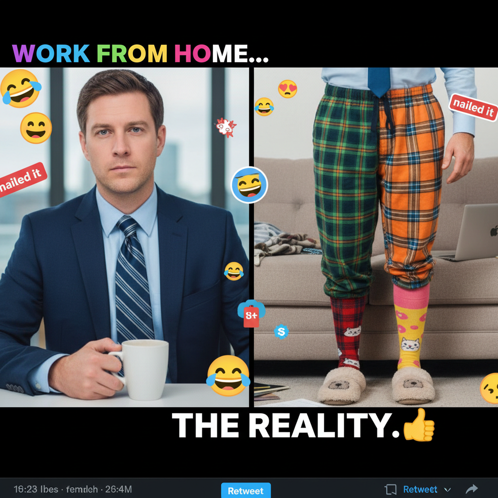 My WFH uniform: business on top, pajama pants and fuzzy socks on the bottom. The duality of man.