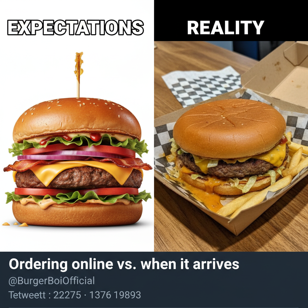 Ordered a gourmet burger. Got a sad patty on a soggy bun. My disappointment is immeasurable.
