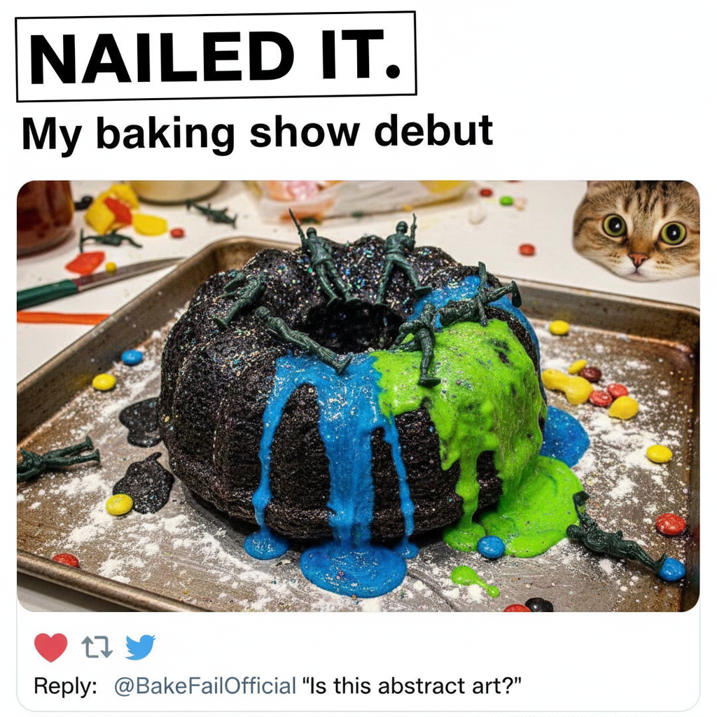 I tried to make a cake. It looks like a science experiment gone wrong. Send help. #CookingFail