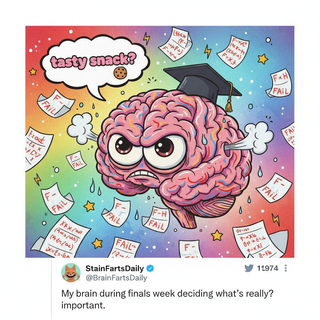 My brain during exams: 'The mitochondria is the... uh... tasty snack?'