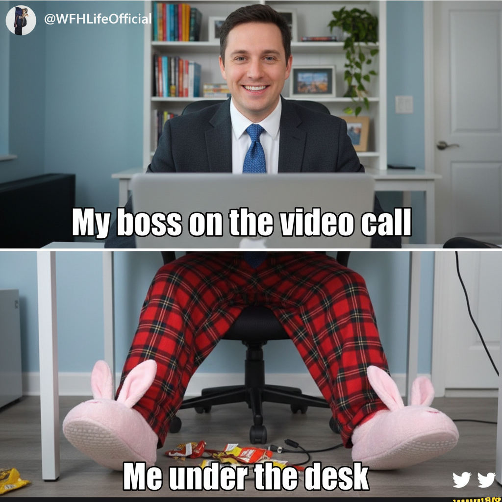 WFH outfit: Business on top, pajama party on the bottom. The ultimate power move.
