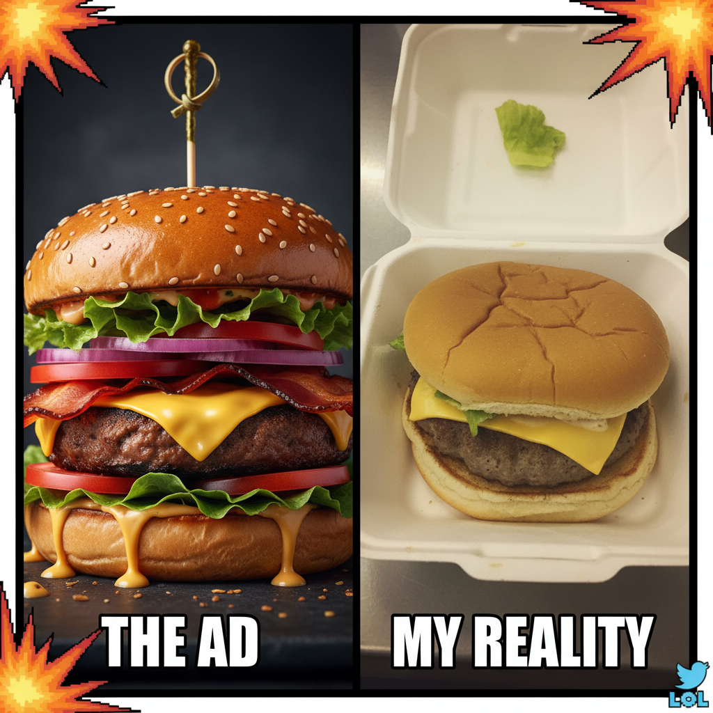 Ordered a gourmet burger, got a sad patty. My expectations vs reality in one pic.