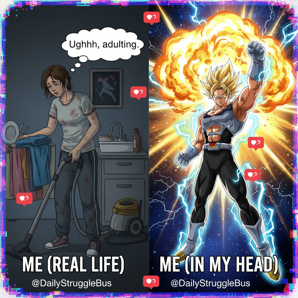 Me trying to adult vs. me in my head thinking I'm the main character of an anime.