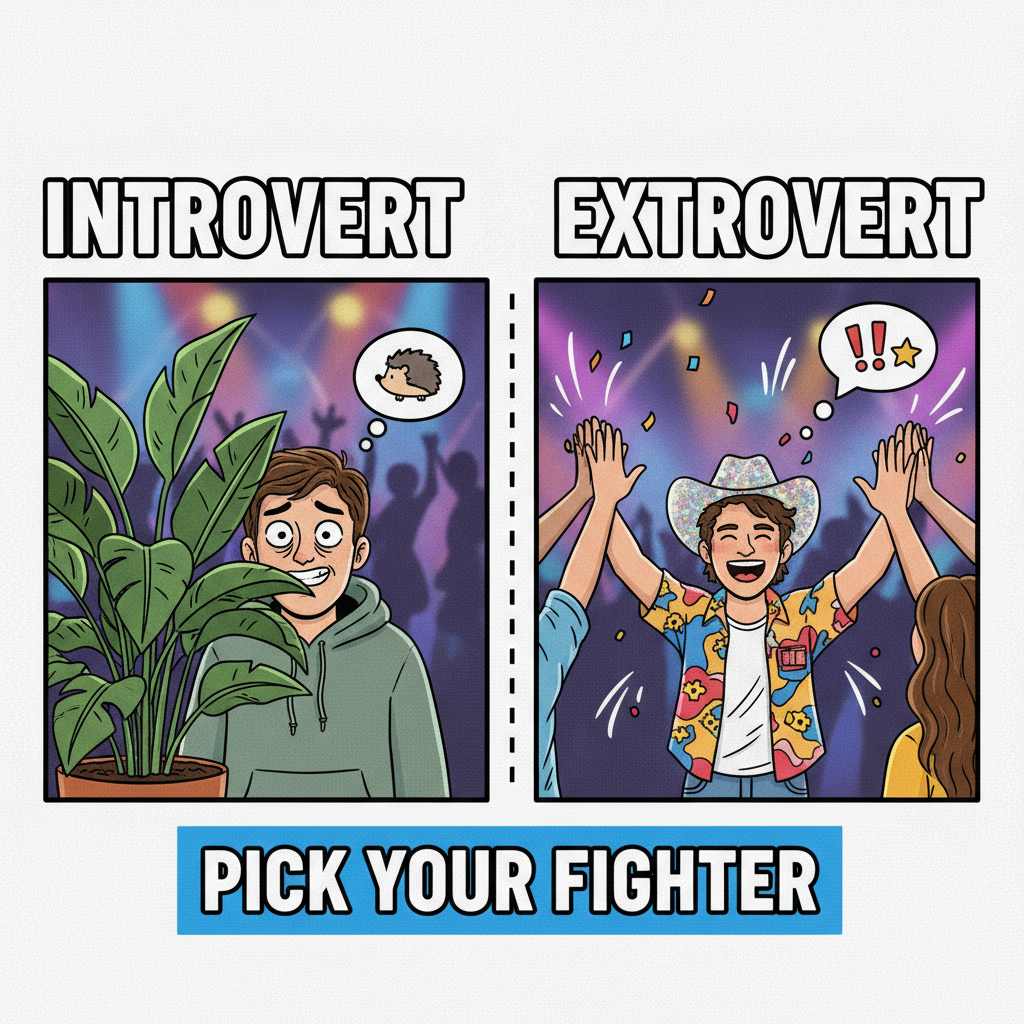 Introvert at a party: 'I just need 5 mins to recharge.' Extrovert: 'I just met 10 new best friends!'