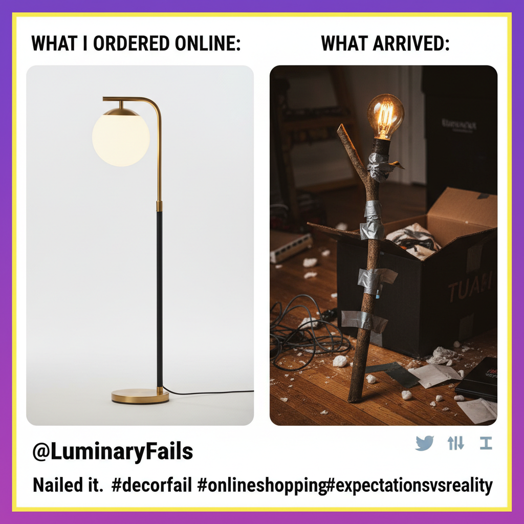 Ordered a 'chic minimalist lamp' online. Got a lightbulb taped to a twig. I'm not even mad, I'm impressed.