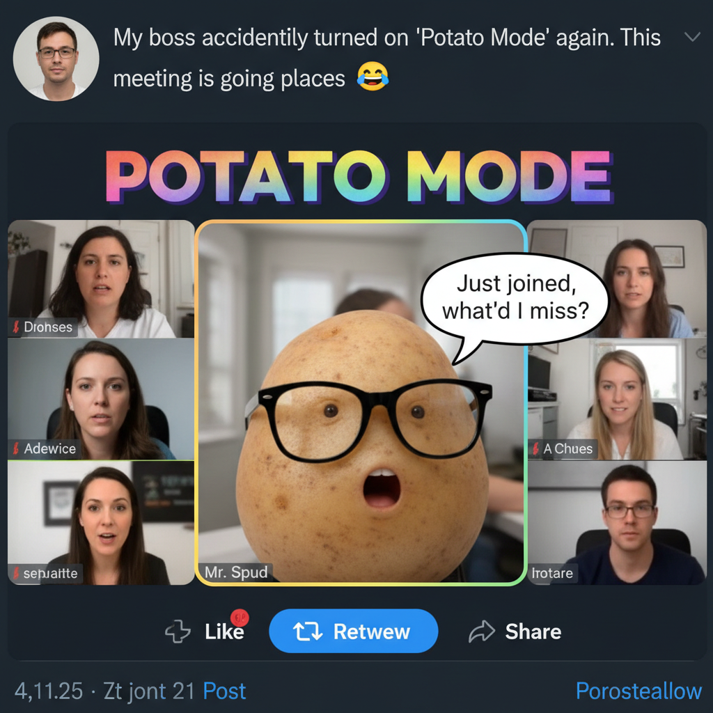 My boss just turned himself into a potato on Zoom and can't figure out how to change it back. Peak 2024.