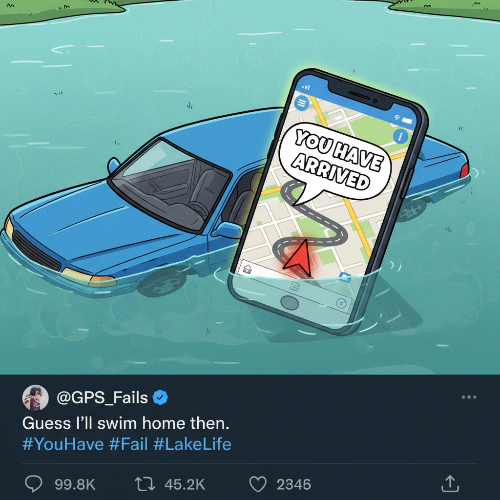 My GPS said 'turn left now' into a lake. I trusted it. Send help.