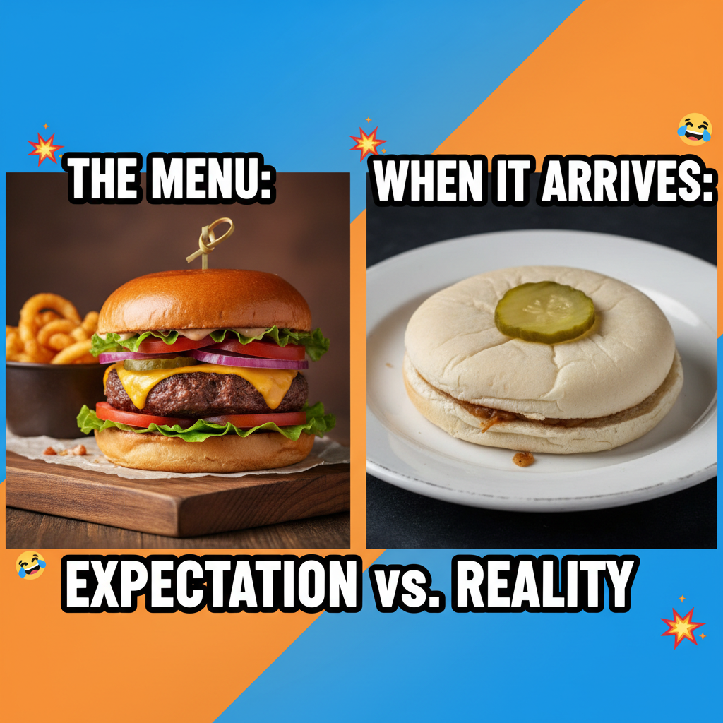 Ordered a gourmet burger, got a deflated bun and a pickle. The audacity.