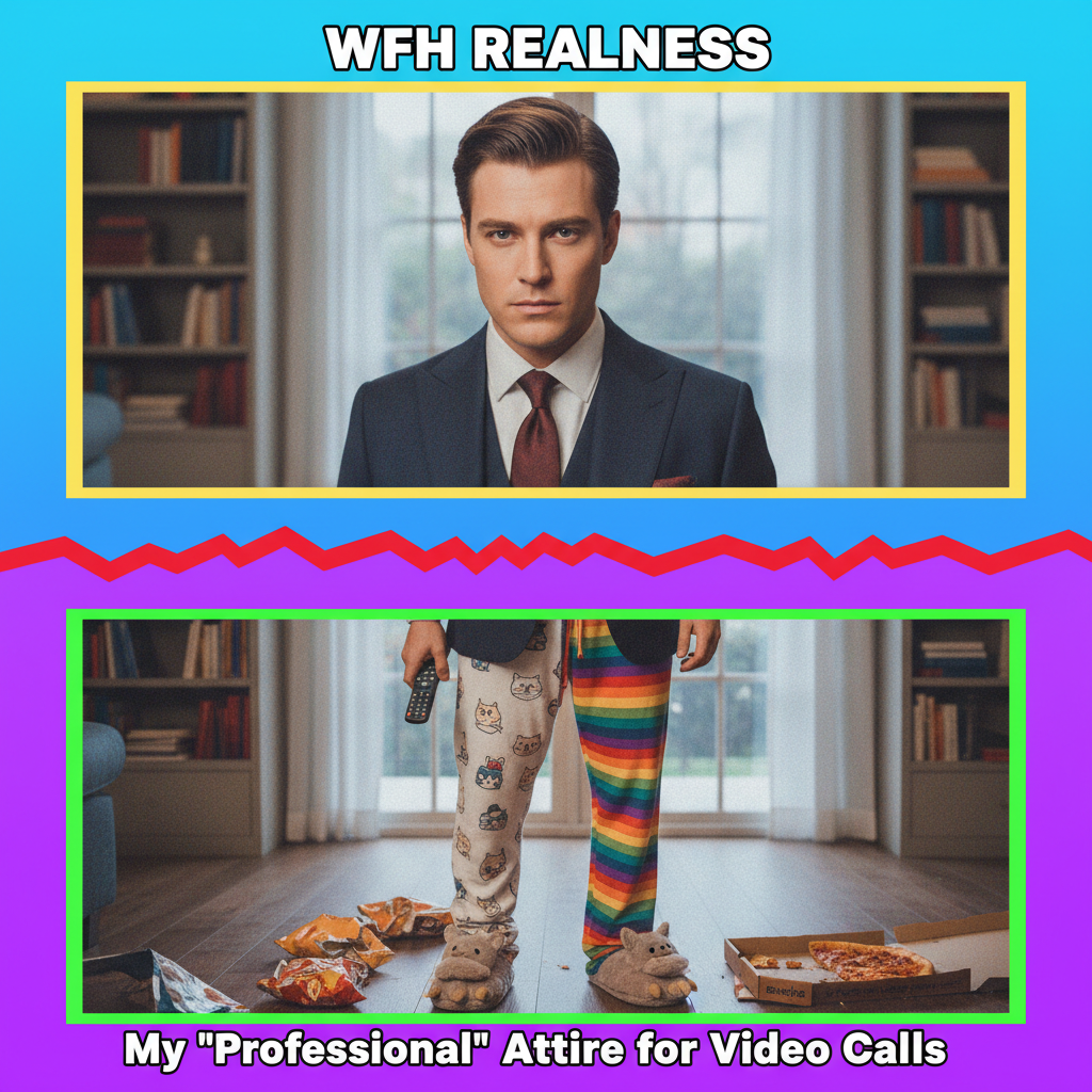 My 'professional' top vs. my pajama bottoms during a WFH meeting. The secret life.