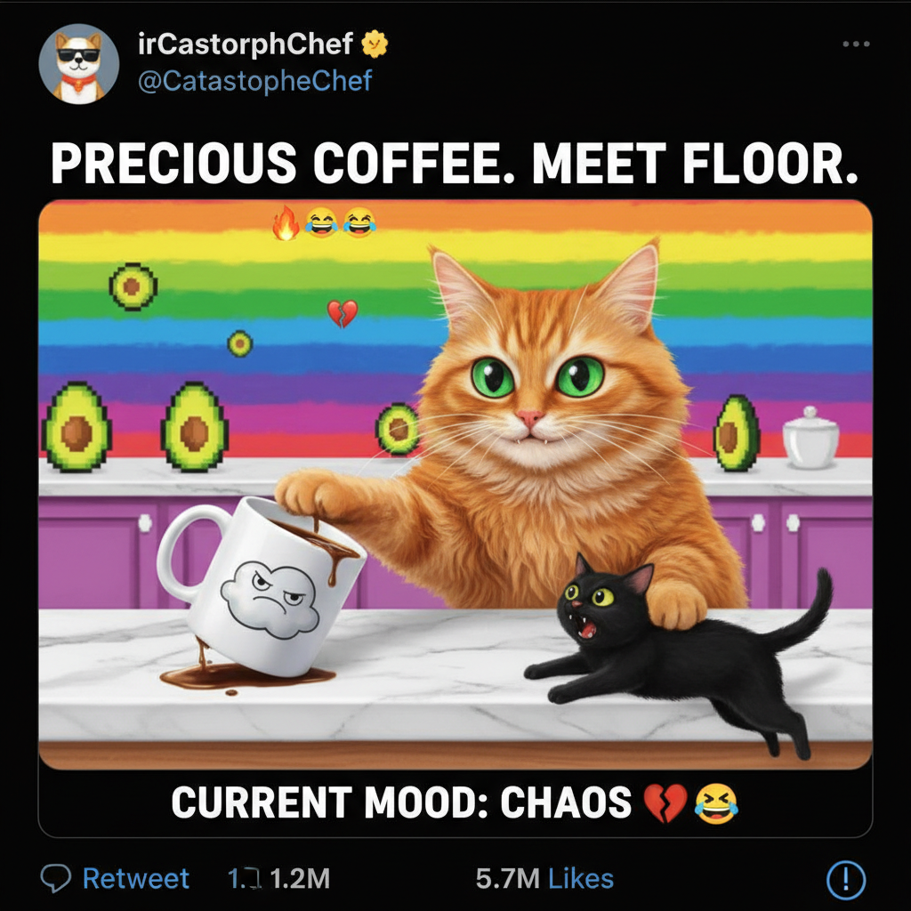 My cat just stared at me while slowly pushing my coffee cup off the counter. The audacity.